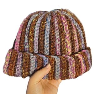 Handmade 100% Wool Crochet Brown and Pink Beanie